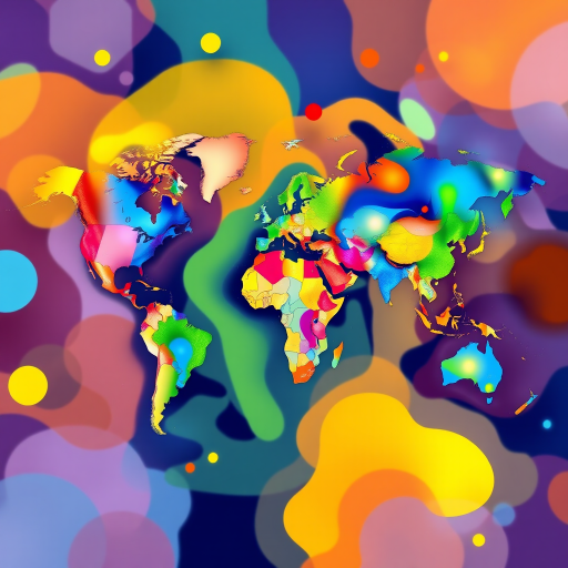 Create a vibrant world map illustration featuring abstract shapes and colors, using a high-resolution digital art style, with a focus on bright, contrasting colors and smooth gradients, captured from a top-down perspective with a 50mm lens, aperture f/8, ISO 100, and a wide color gamut for enhanced clarity.