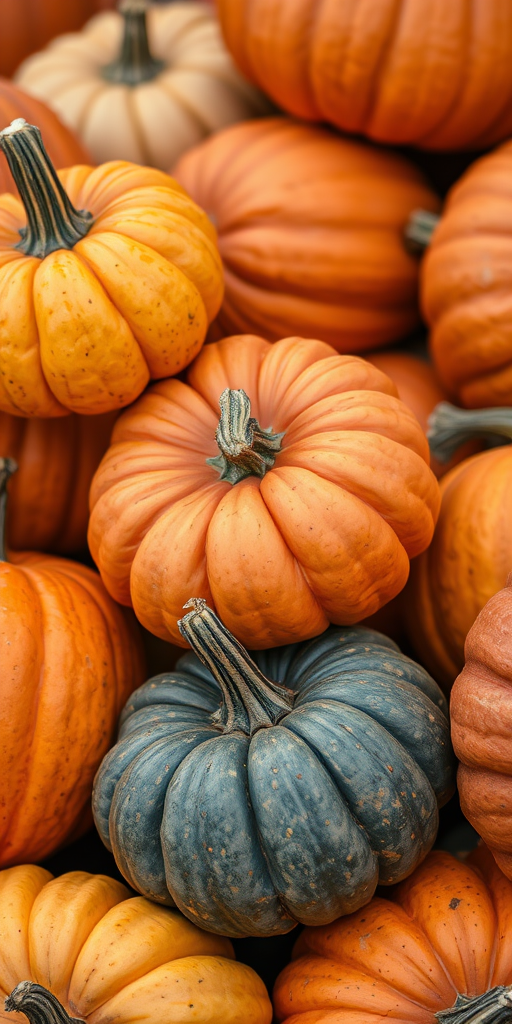 Close-up shot of a variety of pumpkins stacked together with rich textures and colors, using a DSLR camera with a 50mm lens, aperture f/2.8, ISO 100, natural lighting, shallow depth of field to enhance detail and contrast.