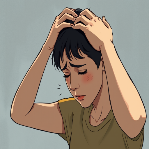 Generate a high-resolution illustration of a distressed person holding their head in despair, using a DSLR camera with a 50mm lens at f/1.8, shot from a slightly low angle to emphasize emotion, in natural lighting to enhance the mood.