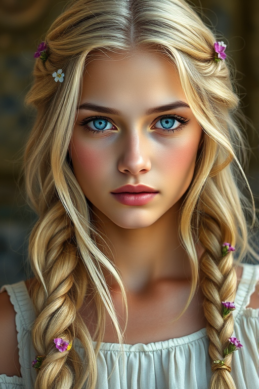 Create an image of a young Indian woman with long, wavy blonde hair, adorned with small, colorful flowers woven into her braids and loose strands. Her complexion is fair, with soft, glowing skin, and she has light blue eyes that gaze softly at the viewer. She wears a light, flowing dress with a gentle, ethereal quality, complementing her delicate and serene appearance. The background is slightly blurred, drawing focus to her tranquil expression and the intricate details of the flowers in her hair. The overall mood of the image is one of natural beauty and grace, evoking a sense of peacefulness and connection with nature.
