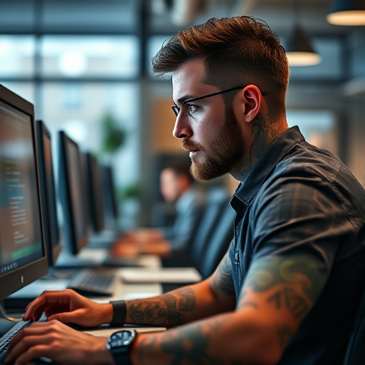 A focused man with tattoos coding at computers in a modern office with soft lighting, captured with a Canon EOS R5, 50mm lens, aperture f/1.8, ISO 200, shot in HDR style from a side angle to highlight the workspace ambiance.