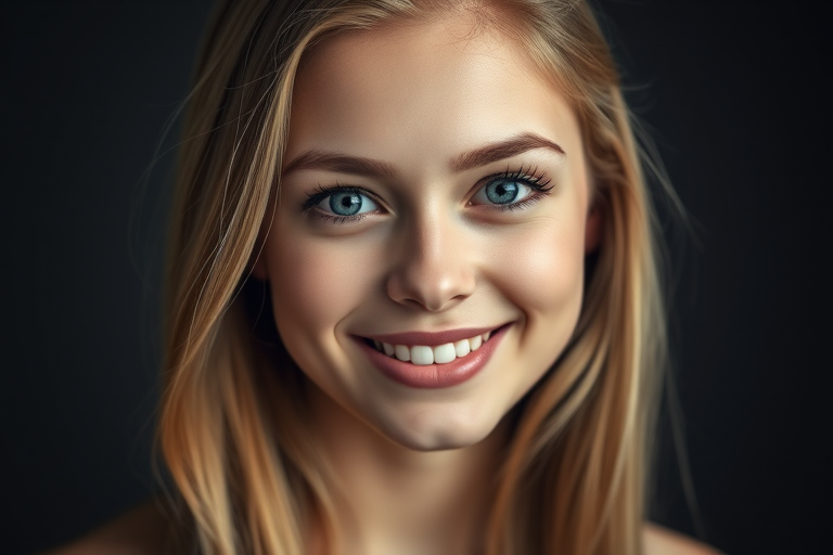 Generate a portrait of a smiling young woman with long blonde hair and bright blue eyes, soft lighting, 85mm lens, aperture f/1.8, ISO 100, in a studio environment with a dark background, capturing sharp details and a warm skin tone.