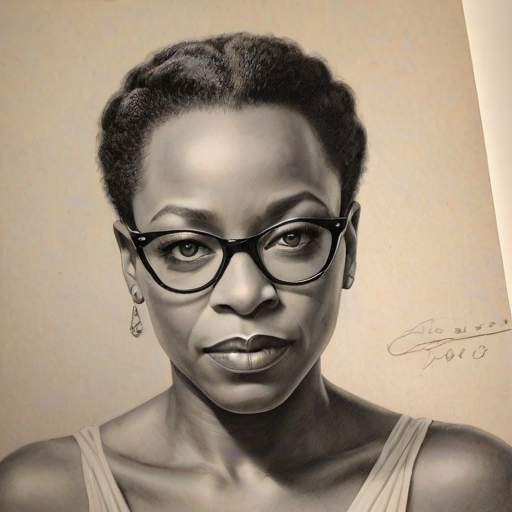 Stunning Marianne Jean-Baptiste, pencil sketch, portrait of Gorgeous woman 1935s in glasses, hair style beatnik, outline, clear lines, fine lines, 8k
