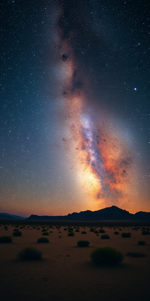 Capture a high-resolution image of the Milky Way over a desert landscape at night, using a Canon EOS R5, 24mm f/1.4 lens, ISO 3200, 20-second exposure, aperture f/2.8, soft-focus style, and a wide-angle view to enhance the vividness and depth of the stars and cosmic colors.