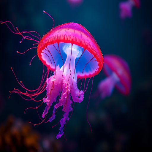 Create a vibrant underwater scene featuring a glowing jellyfish with bioluminescent colors, captured with a Canon EOS R5, 50mm lens, f/2.8 aperture, ISO 100, at a shallow depth of field for a soft background blur, enhanced with dramatic lighting and high contrast to emphasize the jellyfish's movements and textures.