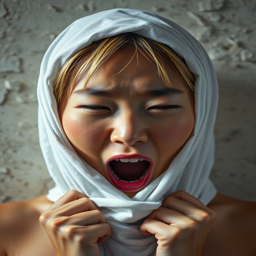 Create a close-up photographic image of a Asian woman with light skin tones shown against an old, worn wall. Their head is wrapped in a white cloth covering (i.e.... parts of the head except the nose and mouth, which are open as if they are screaming...), with a slight texture and visible folds in the fabric. Thin strands of blonde hair escape from the wrapping above, falling lightly at the top and sides. Their hands hold the fabric as if they are tugging nervously. The lighting is dramatic and even, casting strong shadows. The image has a minimalist and surreal style with an emphasis on simplicity with soft color tones. The composition is centered.