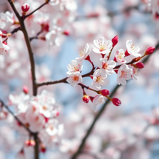 capture a close-up of cherry blossom branches in full bloom with a soft-focus background, using a Canon EOS R5 camera with a 50mm lens, aperture set to f/2.8, ISO 100, shutter speed 1/200s, and natural sunlight for bright, vibrant colors