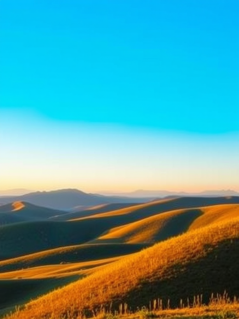 Create a high-resolution digital artwork of a serene landscape featuring rolling hills and a clear blue sky, taken with a Canon EOS R5, 50mm lens, aperture f/8, ISO 100, at golden hour with soft, natural lighting and vibrant colors.