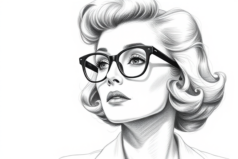 Beautiful Bette Davis, pencil sketch, portrait of beautiful woman 60s in glasses, hair style beatnik, outline, clear lines, fine lines, 8k