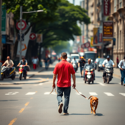 A man in a red shirt walking a dog on a busy street, photography, aperture f/2.8, shutter speed 1/500s, ISO 200, 50mm lens, shallow depth of field, daylight, candid style.