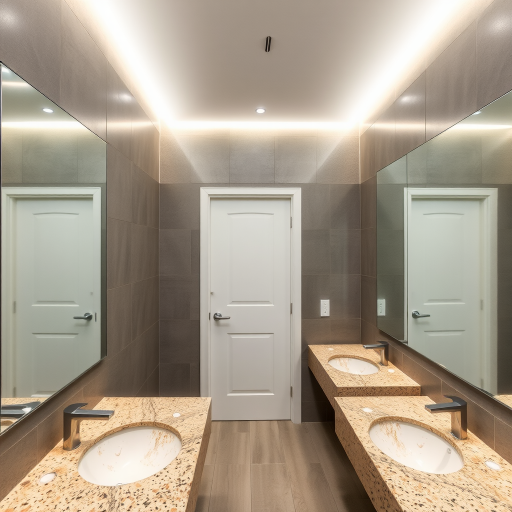 Public bath, basins of Beige granite, large mirror, white door without window, hidden lights in the ceiling walls, gray ceramic walls