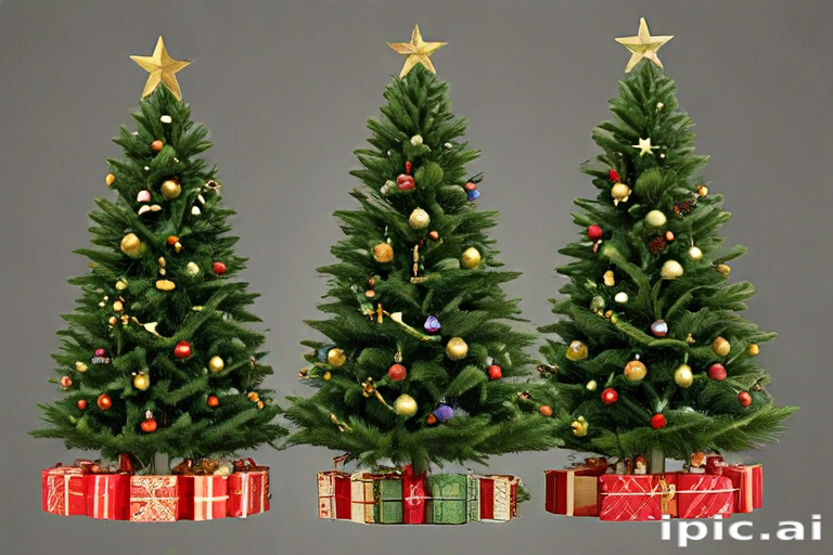 Three Festively Decorated Christmas Trees Surrounded by Colorful Gift ...