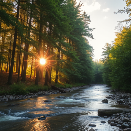 Create an image of a serene, sunlit forest scene with a clear, gently flowing river. Tall trees with lush green foliage line both sides of the river, their leaves bathed in the warm golden light of the setting or rising sun. The sunlight filters through the trees, casting soft, dappled light on the river, which flows over smooth rocks and pebbles, creating a peaceful, natural atmosphere. The sky is bright with a few scattered clouds, and the overall mood is tranquil, evoking a deep sense of connection with nature. The image captures the beauty of a calm, pristine forest landscape at either dawn or dusk.