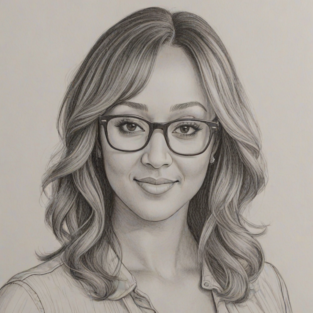 Appealing Tamera Mowry, pencil sketch, portrait of Beauteous woman 1975s in glasses, hair style beatnik, outline, clear lines, fine lines, 8k