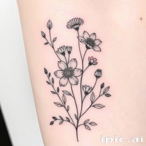 Botanical line art tattoo named "Delicate Flora" showcasing finely detailed flowers leaves and stems rendered in minimalist black lines with occasional pops of color for emphasis creating an elegant and understated design