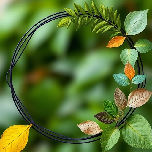 Create a circular frame with geometric lines and a combination of various leaves and abstract shapes on one side, using a macro lens, f/2.8 aperture, ISO 100, 50mm focal length, high-resolution photography style.