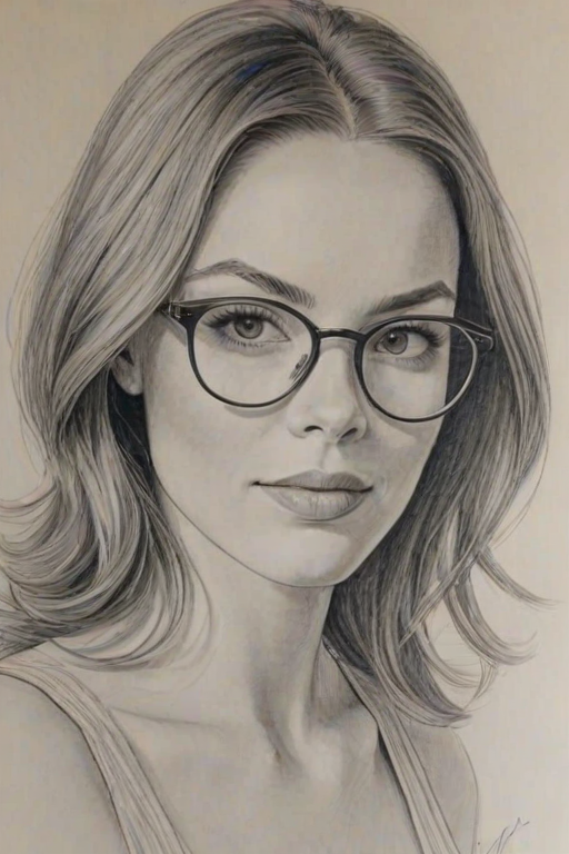 Wonderful Kaitlyn Black, pencil sketch, portrait of Lovely woman 1973s in glasses, hair style beatnik, outline, clear lines, fine lines, 8k