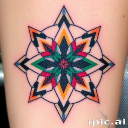 Abstract geometric tattoo named "Sacred Symmetry" featuring bold, colorful shapes and lines arranged in perfect symmetry to create a visually striking and balanced composition