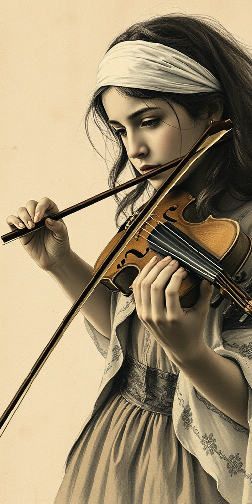 a young Romani woman with a white headband playing a violin, in the style of a charcoal drawing, sepia grunge background