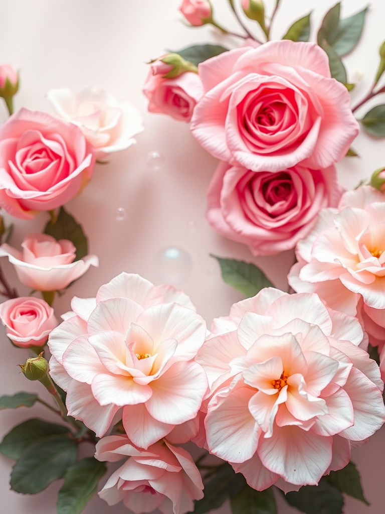 Create a floral-themed digital frame with pastel pink and white colors, featuring an arrangement of roses and hydrangeas with bubbles, utilizing a high-resolution wide-angle lens at f/2.8, ISO 100, 1/60 sec shutter speed, in a soft focus style to enhance depth and detail.