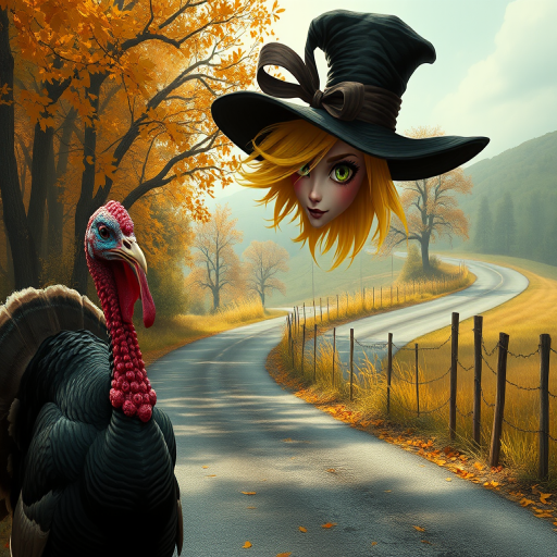 digital art fantasy depicting a strange girl with Yellow hair, long eyelashes, black lipstick and a tall hat walking along a winding road on an autumn afternoon, an Turkey smiles as she passes