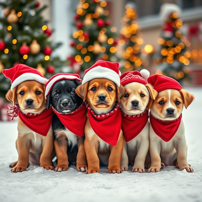 five adorable puppies wearing red Christmas hats and bandanas, sitting together on a snowy surface with Christmas trees and lights in the background, 85mm lens, f/2.8 aperture, ISO 200, shot from eye level, soft bokeh effect, DSLR camera