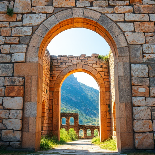Regenerate a high-resolution image of an ancient stone archway with vibrant colors and a clear view of the surrounding environment, using a DSLR camera, 24mm lens, f/8 aperture, ISO 100, natural lighting, and a slight vignette effect for emphasis.