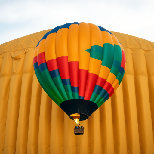 Create an image of a vibrant hot air balloon with a geometric pattern against a textured golden background, captured with a DSLR camera at f/2.8 aperture, 1/250 shutter speed, ISO 100, in a wide-angle view, using a high dynamic range style.