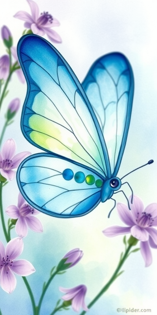 Create a watercolor painting of a butterfly with delicate blue and green hues, surrounded by soft purple flowers. The background should have a light, ethereal quality, blending colors to evoke a sense of tranquility and nature. Emphasize the intricate details of the butterfly's wings and the gentle beauty of the flowers.