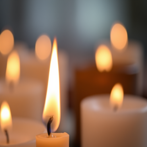 Candle flame close-up, shallow depth of field, ISO 100, f/2.8 aperture, 50mm lens, natural light, DSLR camera, soft focus on surrounding candles.