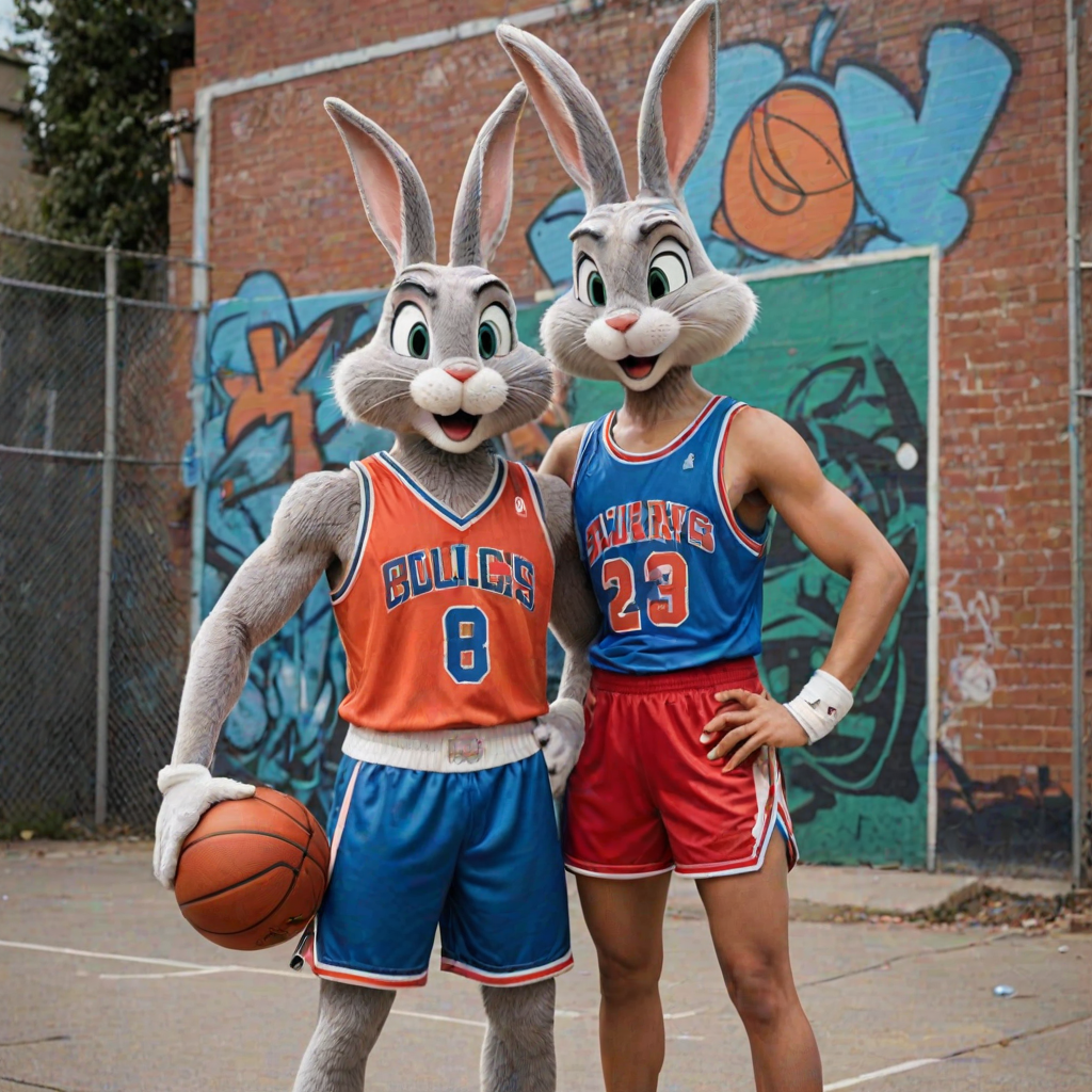 Design an Above the Rim poster featuring Bugs Bunny as Kyle and Lola Bunny as Shep. Bugs is dressed in a basketball jersey and shorts, holding a basketball with a confident expression, while Lola stands beside him in athletic gear, looking determined. The background features an urban basketball court with a wire fence, streetlights, and graffiti. The title "Above the Rim" appears in bold red letters at the top, keeping the original street basketball vibe