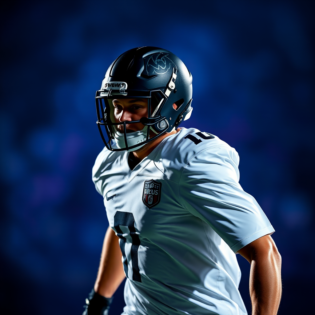 Create a dynamic action shot of a football player in a white jersey, illuminated by dramatic lighting, with a blurred abstract background in shades of blue and purple, using a DSLR camera at f/2.8, ISO 400, shutter speed 1/500s, 50mm lens, in portrait orientation.