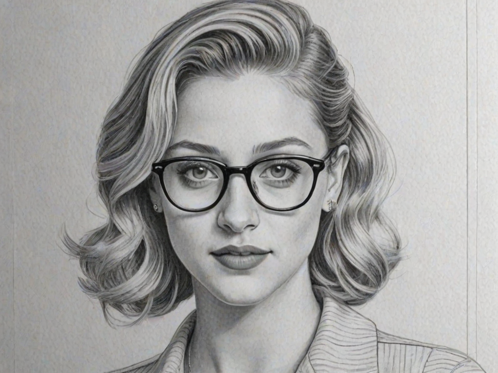 Splendid Lili Reinhart, pencil sketch, portrait of Fetching woman 1940s in glasses, hair style beatnik, outline, clear lines, fine lines, 8k