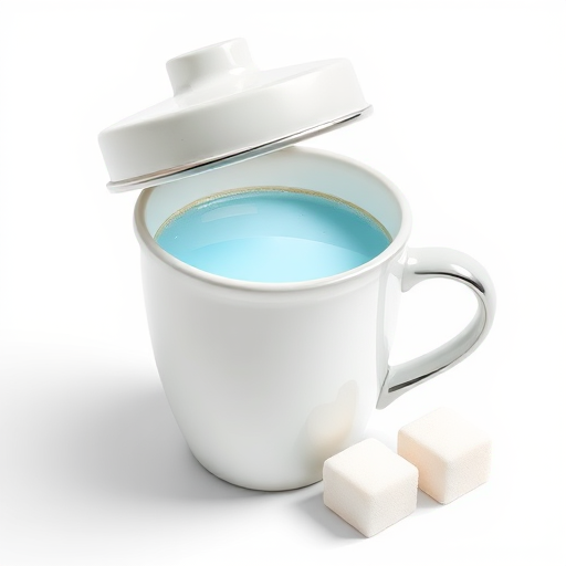 Create a high-resolution digital illustration of a cup with a lid partially open revealing a light blue liquid inside, include two sugar cubes beside it, use a 50mm lens, aperture f/4, ISO 100, with a soft focus background to enhance clarity and detail.