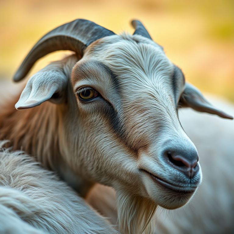 a close-up photograph of a resting goat with soft focus, taken with a Canon EOS R5, 50mm f/1.2 lens, aperture f/2.8, ISO 100, natural light, shallow depth of field to highlight the textures of the fur and the peaceful expression