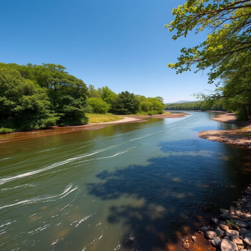 Capture a high-resolution landscape photograph of a serene river scene with lush green trees and a clear blue sky, using a DSLR camera set to ISO 200, aperture of f/8, 1/125 sec shutter speed, in a wide-angle view to emphasize the natural beauty and depth of the environment.