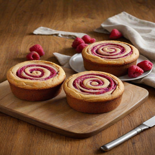 Create an image of three round, golden-brown cakes with a smooth surface, featuring a marbled raspberry swirl pattern. The cakes should be placed on a wooden cutting board, with a rustic background that includes a soft cloth. The scene should evoke a warm, inviting atmosphere, highlighting the deliciousness of the baked goods.