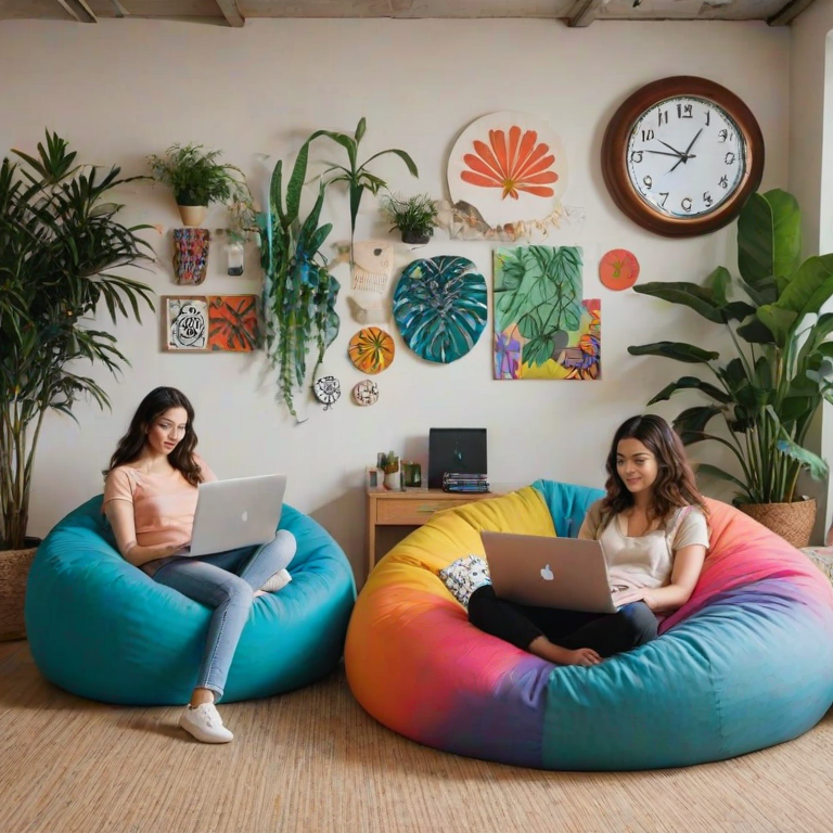 illustrate a split scene with a man working at a desk on one side and a woman relaxing with a laptop in a colorful bean bag chair on the other side, featuring plants, a clock, and decorative wall art in a cozy environment