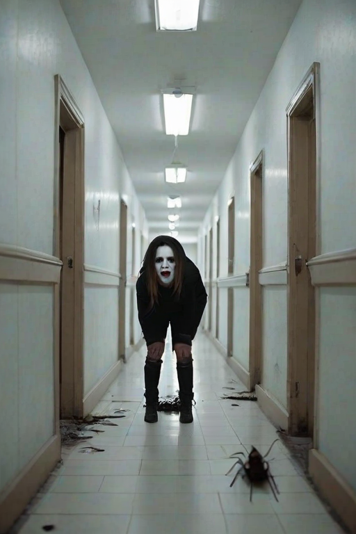 a crooked female with long arms and a creepy smile is crawling along a long white corridor and you can also see cockroaches in it there is a creepy atmosphere creepy art style