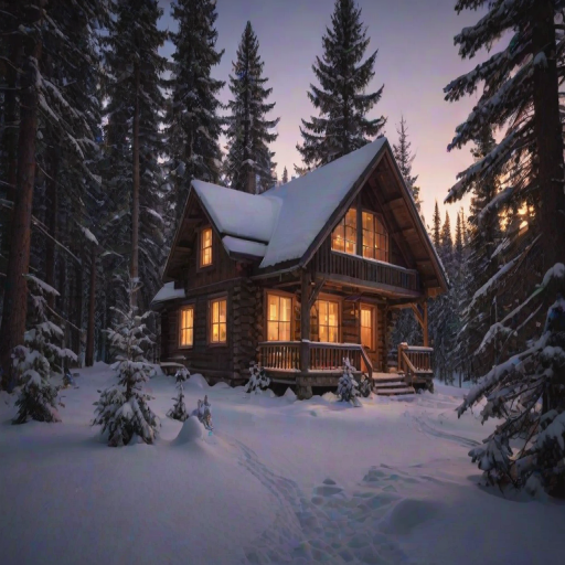 Warmly lit photo of a rustic cabin nestled in a snowy forest at twilight, soft light glowing from the windows, with snow-covered pine trees creating a peaceful, serene backdrop.