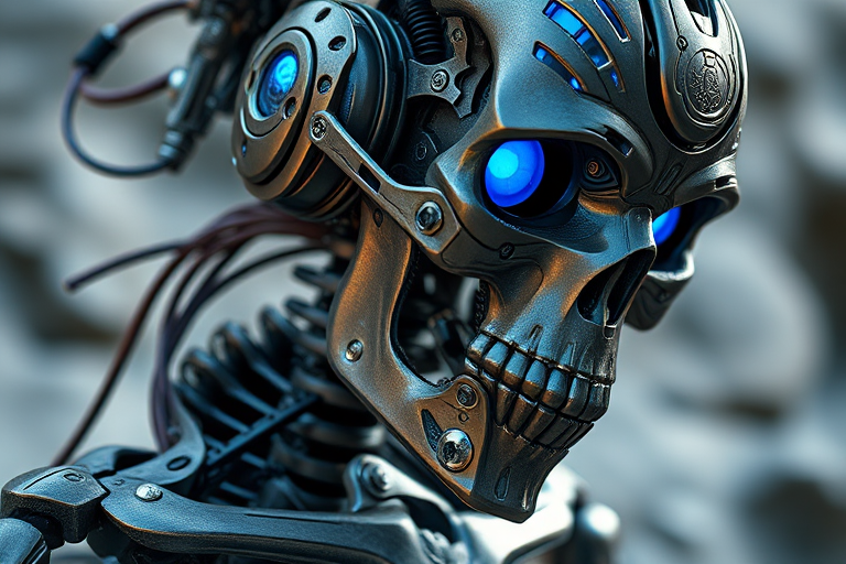 Regenerate an intricately designed futuristic robotic skeleton with intricate mechanical details, vibrant blue accents, and ornate steampunk elements, photographed from a close-up perspective using a full-frame DSLR camera at f/2.8 aperture, ISO 100, 50mm lens, with natural lighting to enhance texture and depth.