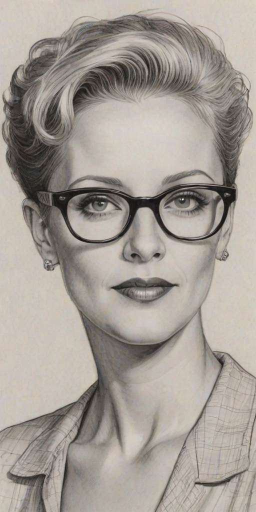 Radiant Lori Petty, pencil sketch, portrait of Comely woman 1937s in glasses, hair style beatnik, outline, clear lines, fine lines, 8k