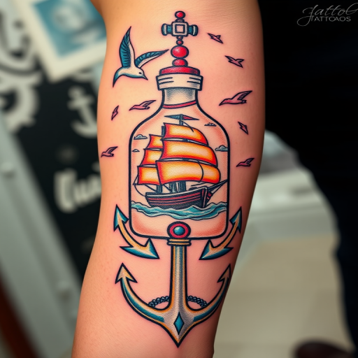 Vintage sailor tattoo titled "Nautical Nostalgia" reimagining classic maritime motifs with a modern twist, featuring a ship in a bottle, anchors, and swallows rendered in bold lines and vibrant colors, perfect for traditional arm or chest placement