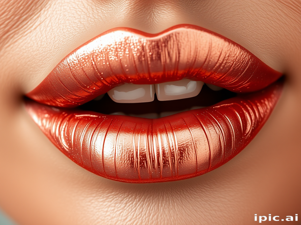 Shimmering rose gold lips with a metallic sheen, catching the light beautifully, accentuating the natural contours and creating an alluring three-dimensional effect