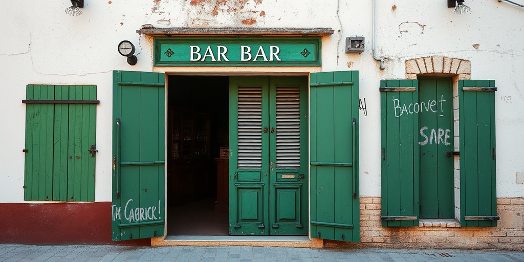 Regenerate an image of an old bar entrance with green shutters on a weathered white wall, captured with a Canon EOS R, 35mm lens, f/4 aperture, ISO 200, in natural light, with a slightly tilted angle to enhance perspective and depth.