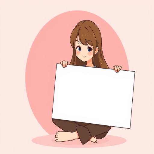 Create a vector illustration of a character with long brown hair sitting down and holding a large blank sign, with a soft pink circular background, using a digital illustration style, 4K resolution, flat design, and optimized for web use.