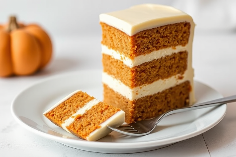 Create an image of a layered cake with distinct sections of pumpkin, cream, and spice flavors visible in the cross-section. The cake should have a smooth, creamy frosting on top and a slice removed to show the layers. Include a fork resting beside the slice on a white plate with a soft background.