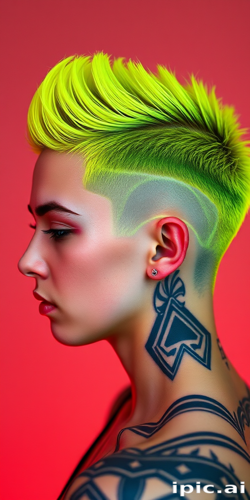 Edgy portrait highlights Electric Neon undercut, vibrant yellow-green short hair on top with shaved sides featuring intricate geometric patterns