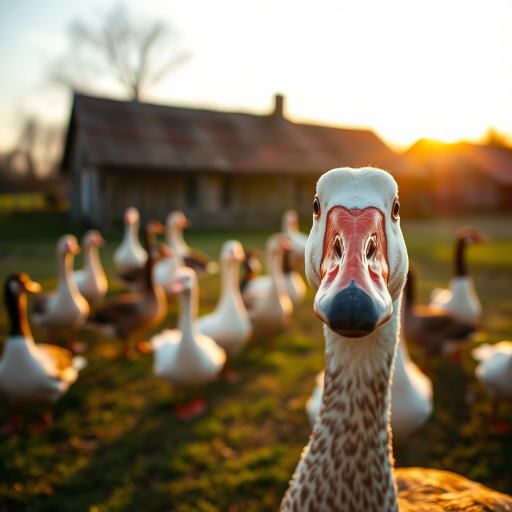 A serene village scene with a close-up of a goose in focus, surrounded by other geese and a rustic farm background, captured at sunrise with soft natural lighting, using a DSLR camera, aperture f/2.8, shutter speed 1/125s, ISO 100, wide-angle lens, vibrant colors and a shallow depth of field to enhance the details of the goose and the farm setting.