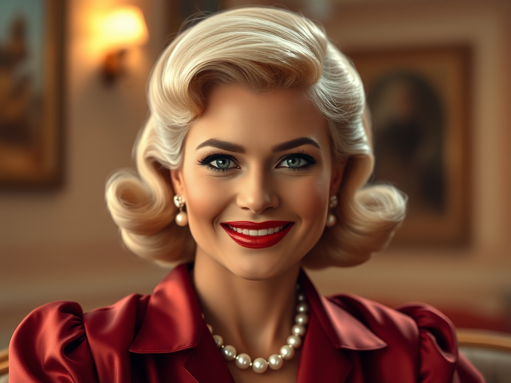 A beautiful Creole woman reminiscent of 1950s Hollywood glamour, with perfectly styled blonde hair and a seductive smile, dressed in a satin blouse and adorned with pearls, soft and warm tones, photorealistic, 8K